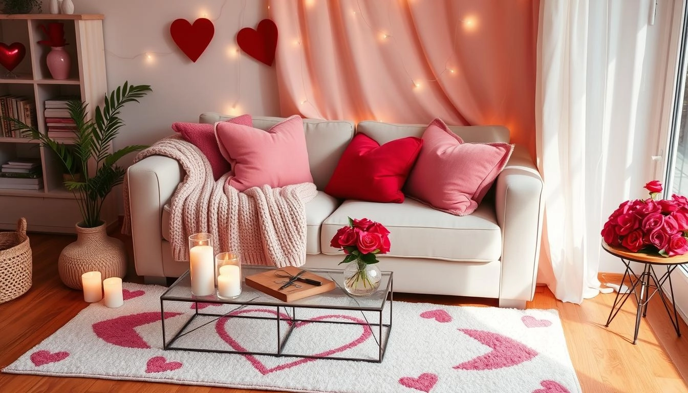 Cozy living room with heart-shaped pillows, pink and red decor, knitted blanket, glowing candles on the table, fairy lights, and fresh roses.