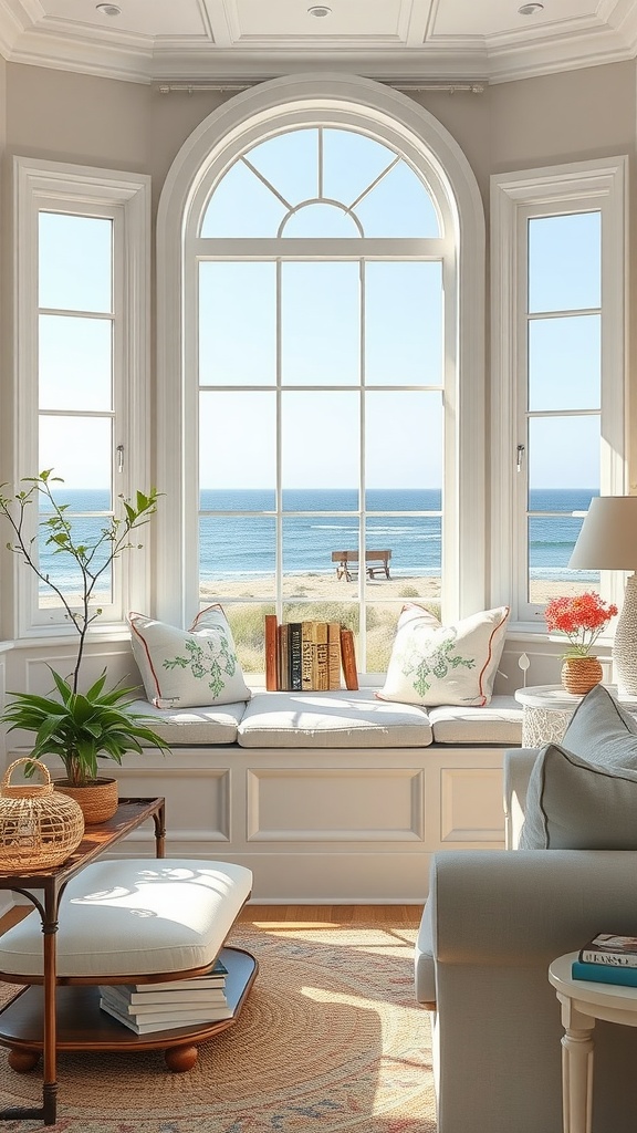 A cozy coastal reading nook featuring a large window with ocean views, a cushioned window seat, decorative pillows, and a small side table.