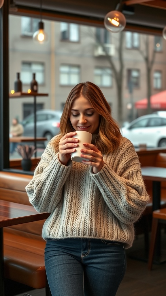 Woman in a cozy knit sweater holding a coffee cup, standing in a cafe