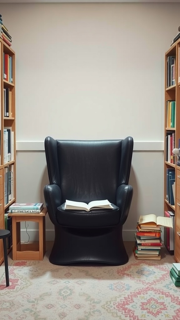 A cozy reading nook with a black chair, open book, and bookshelves filled with various books.