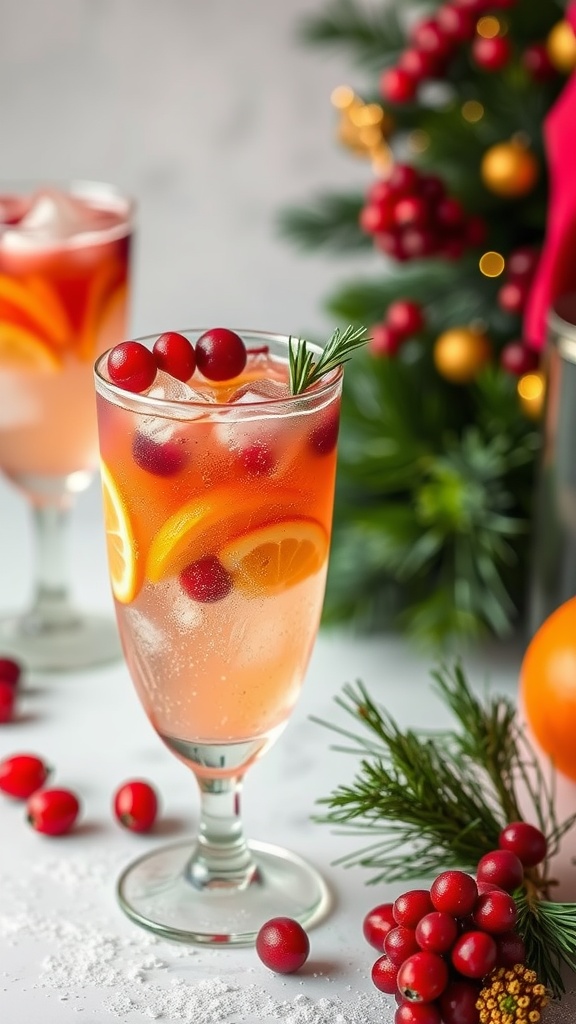 Cranberry Orange Tequila Spritzer in a glass with cranberries and orange slices, festive decoration in the background