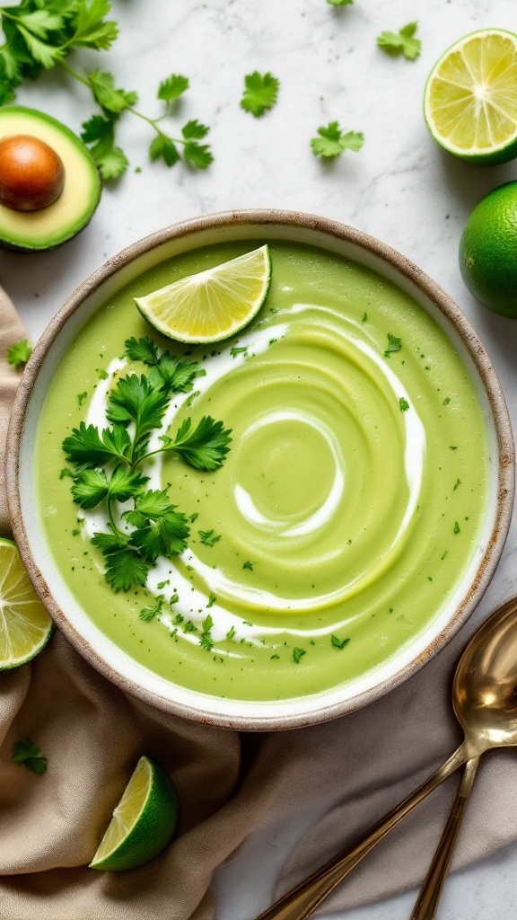 A bowl of creamy avocado and lime soup garnished with lime slices and cilantro.