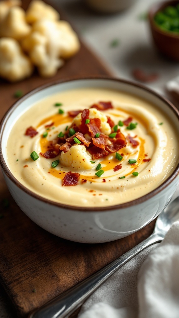 A bowl of creamy cauliflower soup topped with bacon and chives.