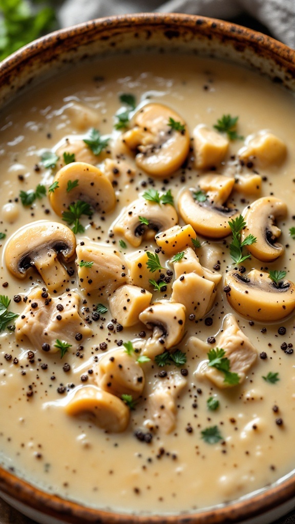 A bowl of creamy chicken and mushroom soup with parsley and black pepper.