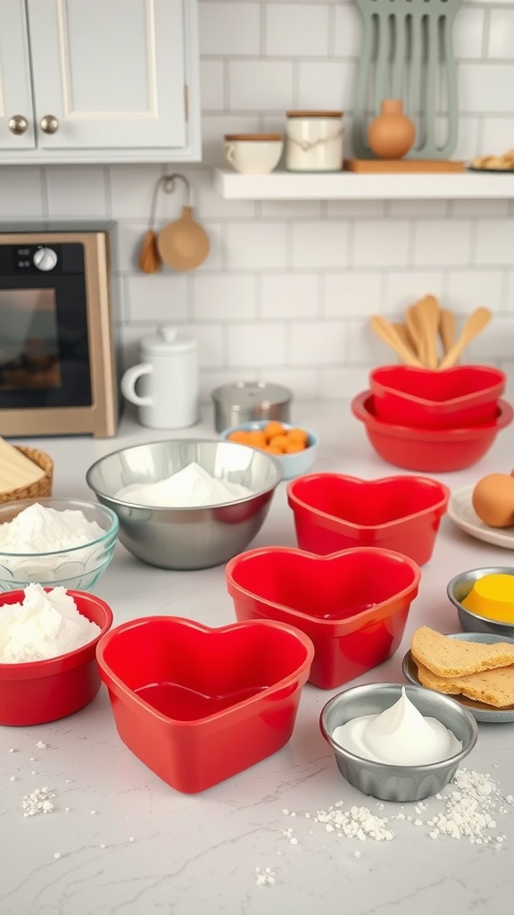 A collection of heart-shaped bakeware in red and silver, surrounded by various baking ingredients.