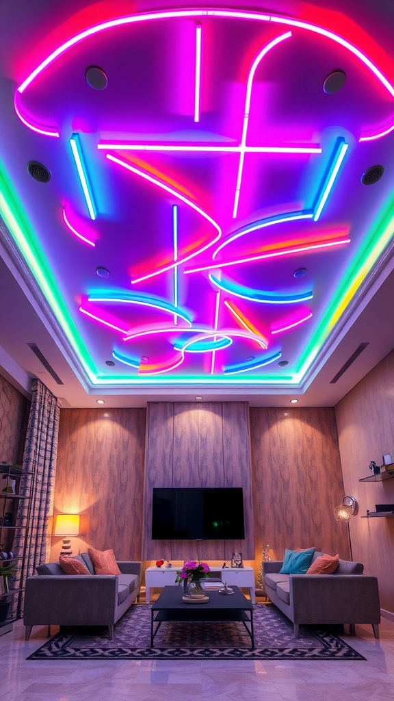 A vibrant neon ceiling with colorful lights in a modern living room.