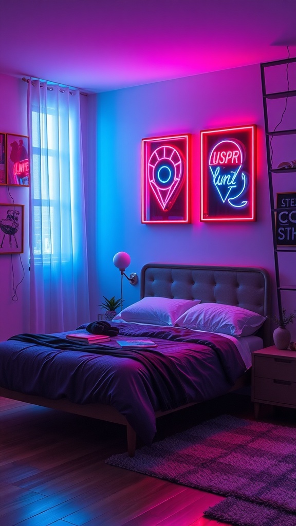 A cozy bedroom featuring two colorful neon signs on the wall, with a bed and soft lighting.