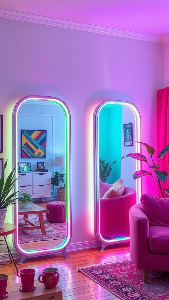 A vibrant living room featuring two mirrors with colorful neon borders, a pink chair, and plants.