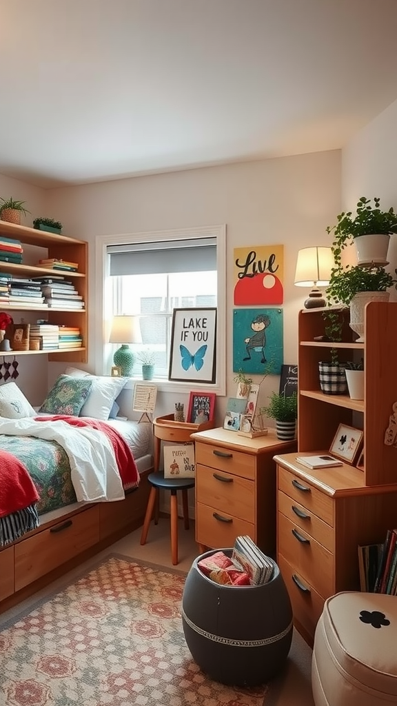 A cozy dorm room with a red quilt on a bed, plants on shelves, organized desk space, and framed art on the walls.