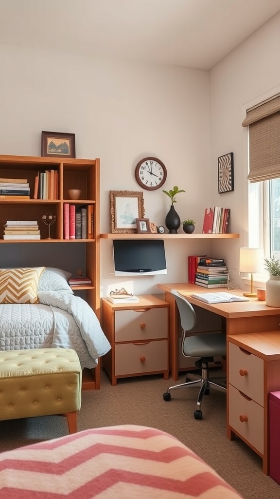 A stylish dorm room with customized furniture, including a bed, desk, and bookshelf.