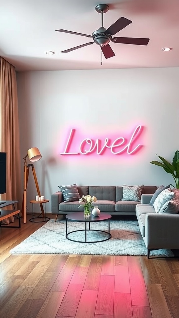 A cozy living room with a customized neon sign reading 'Lovel' on the wall.