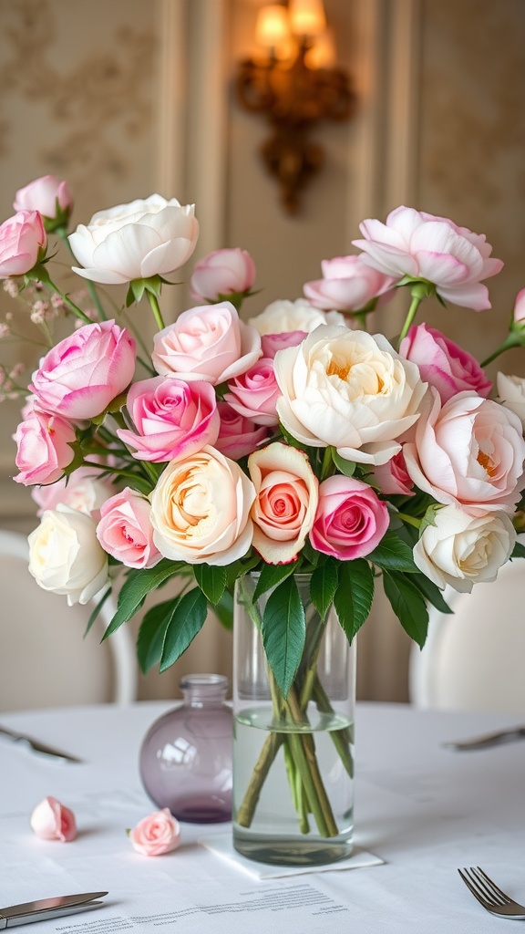 A beautiful floral arrangement of pink and white roses in a clear vase.