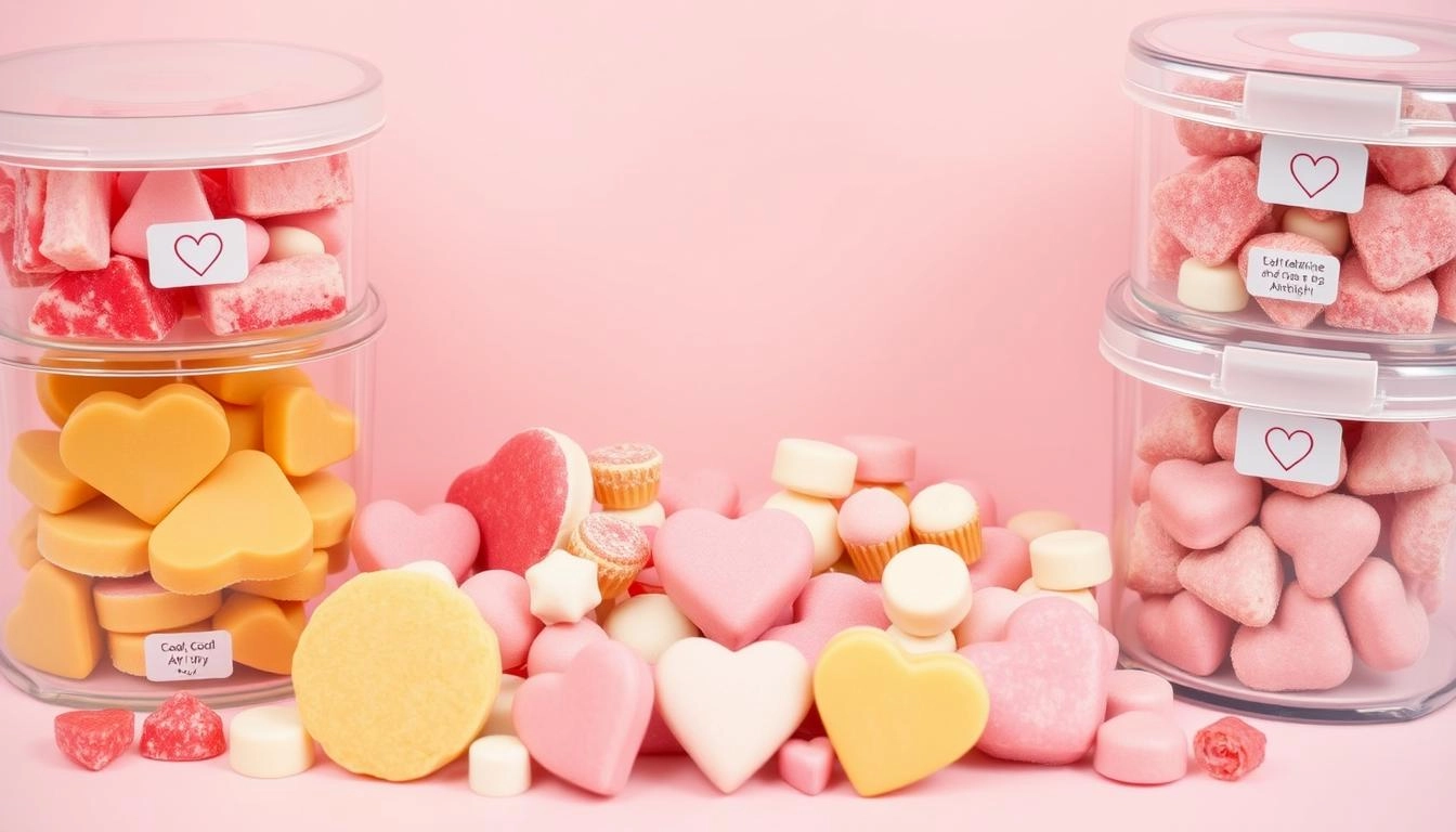 A display of handmade Valentine's candies in various shapes and colors, arranged with labeled storage containers showing proper storage methods, on a pastel background with heart motifs.