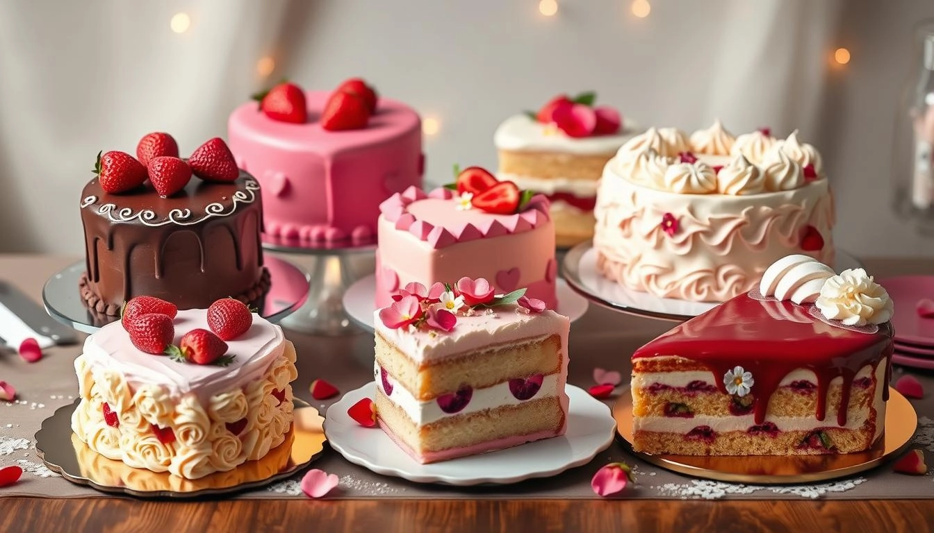 Gluten-free Valentine's cakes, including chocolate with strawberries, almond flour with pink frosting, and layered vanilla with flowers.