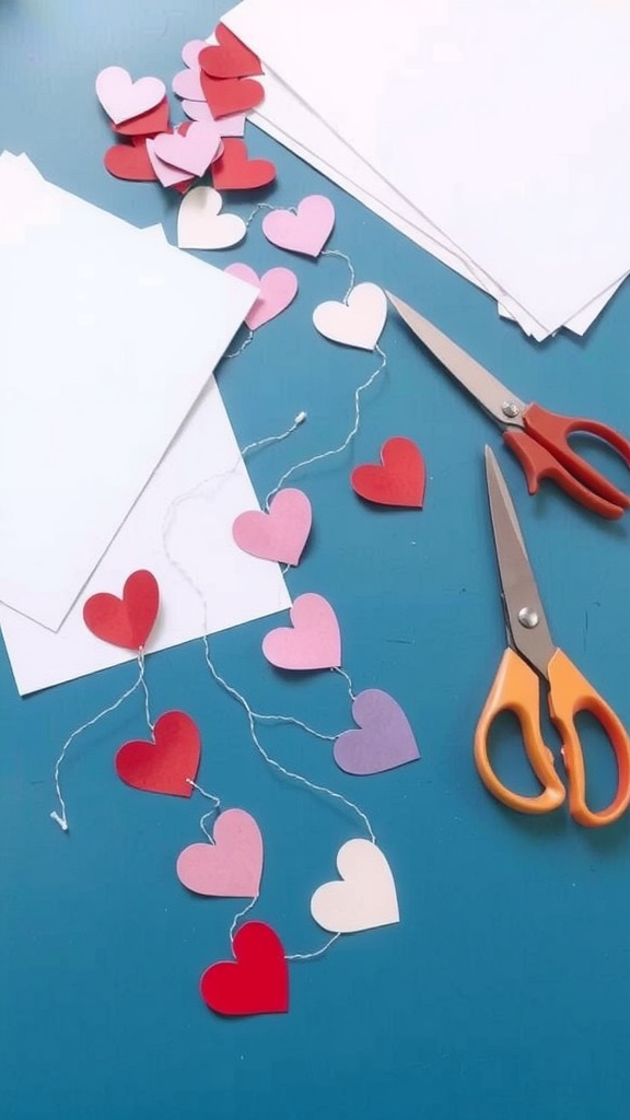 DIY heart garland made from paper hearts in red and pink, along with scissors and more hearts scattered around.