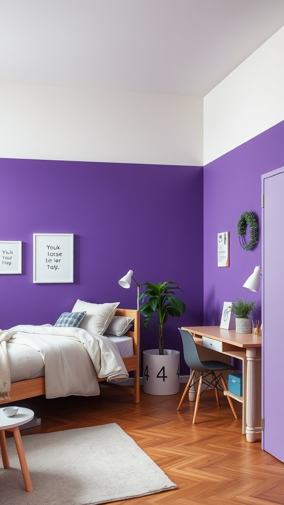 A stylish dorm room featuring a dramatic purple accent wall, a cozy bed with soft bedding, a study desk, and a potted plant.