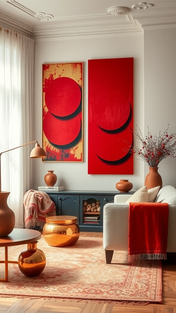 Living room with red and gold decor accents for Valentine's Day.