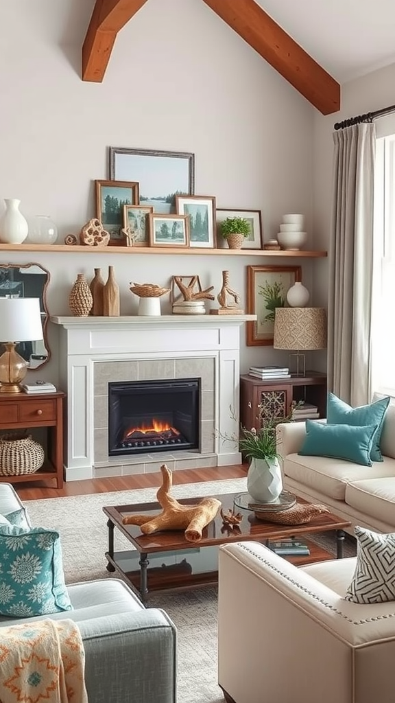 Coastal living room featuring driftwood decor elements, including a unique side table and natural accents on shelves.