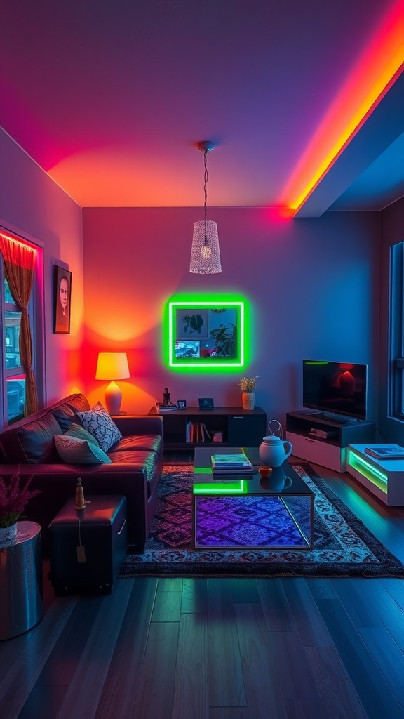 A vibrant living room with dynamic neon color combinations, featuring neon green accents and warm orange lighting.