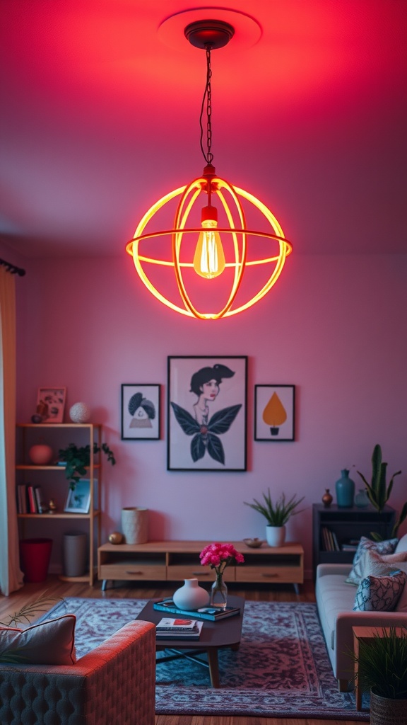 A stylish living room featuring a vibrant neon pendant light.