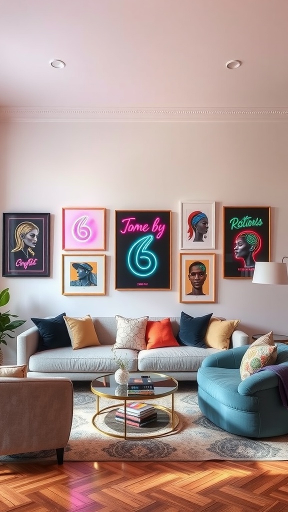 Vibrant neon art displays in a stylish living room.