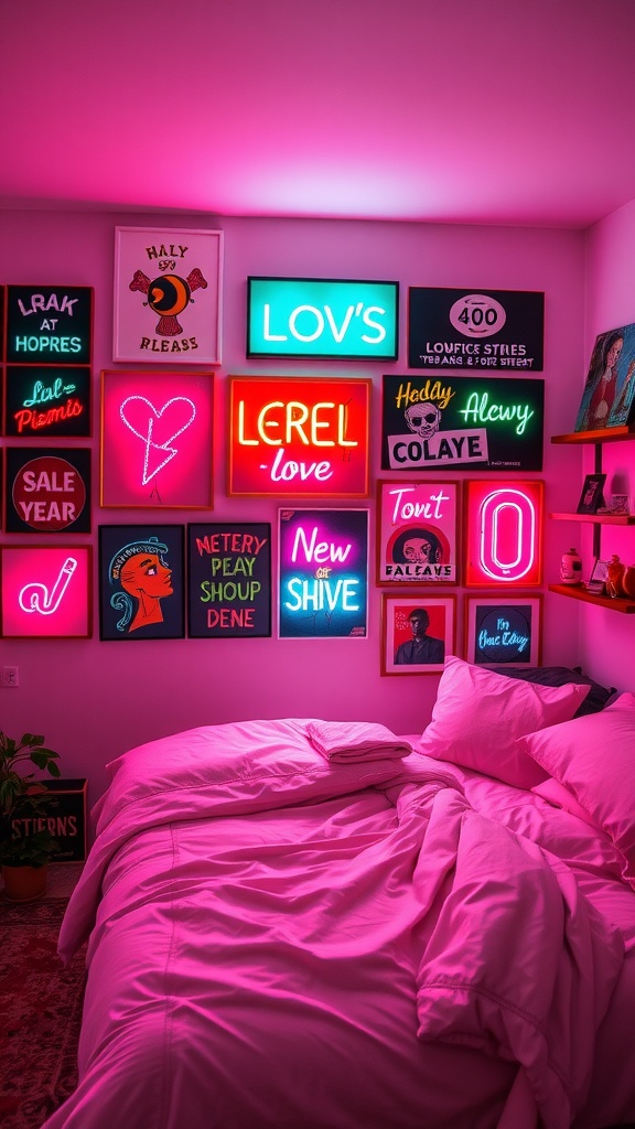 A bedroom with eclectic neon wall art featuring colorful signs and playful designs on the wall.