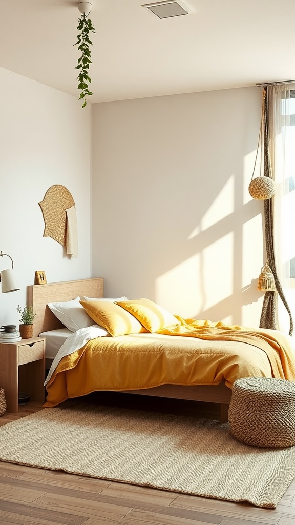 A bright yellow-themed bedroom with natural materials and plants.