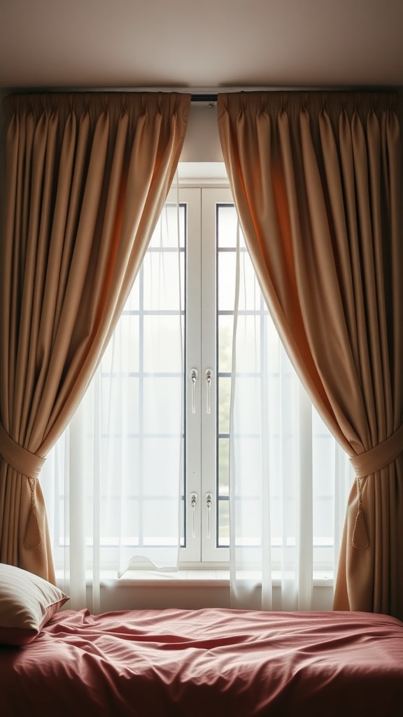 A cozy dorm room featuring soft curtains around a window with a bed in front.