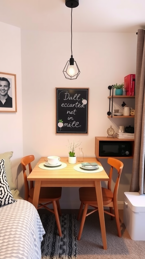 Two friends enjoying a meal at a round table in a stylish dorm room