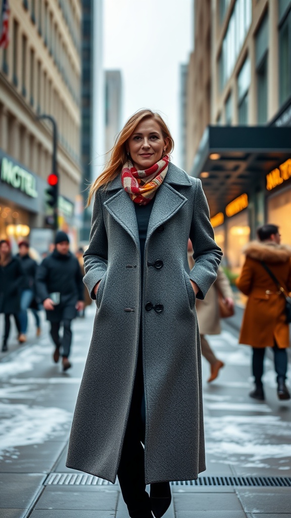 A woman wearing a long brown coat, black knee-high boots, and a colorful scarf while standing on a city street in winter.