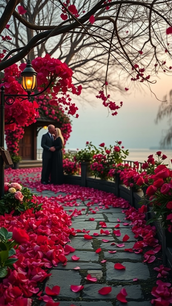 A romantic pathway covered in rose petals leading to a couple embracing.