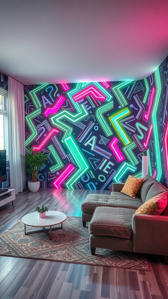 A vibrant living room with neon-patterned wallpaper and modern furniture.