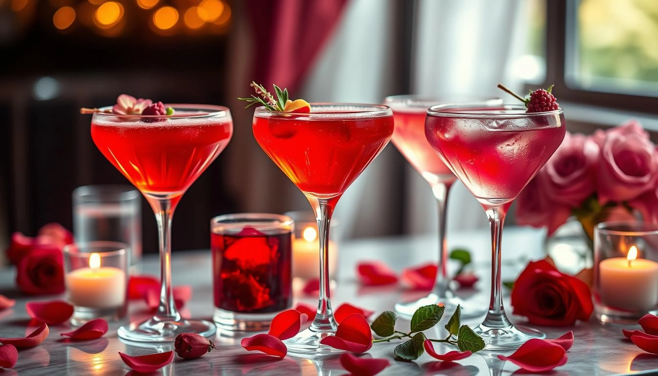 Valentine's cocktails in heart-shaped glasses with fresh garnishes, surrounded by candlelight and rose petals