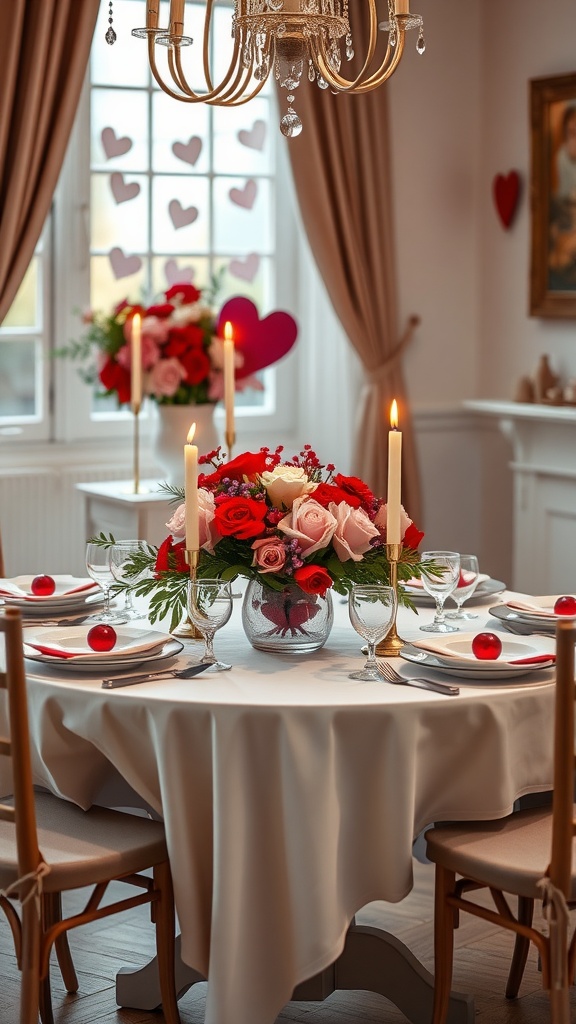 A beautifully set dining table for Valentine's Day with roses, candles, and heart decorations.