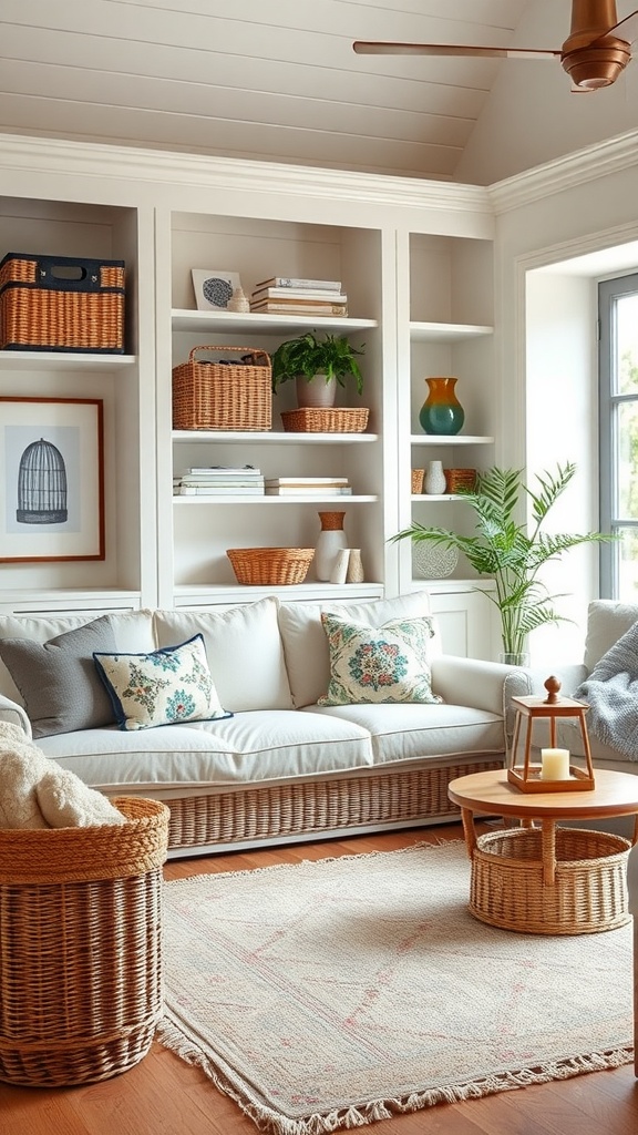 A coastal living room featuring built-in shelves with baskets, plants, and a comfortable sofa.