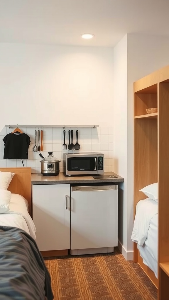 A functional kitchenette in a luxury dorm room with a microwave, mini fridge, and cooking utensils.