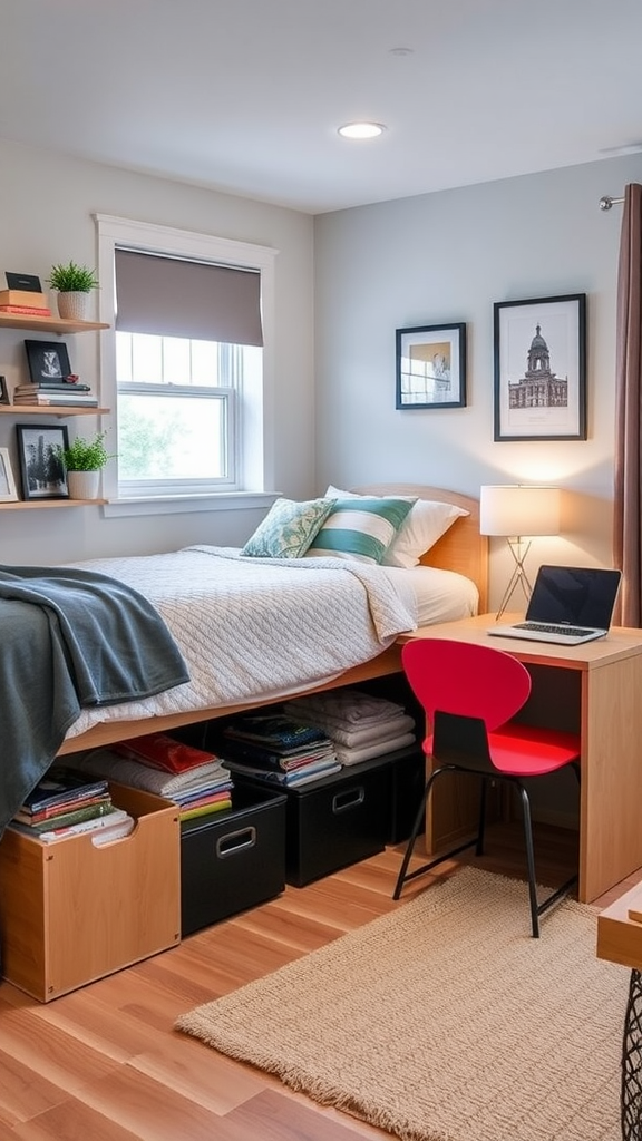 A stylish dorm room featuring a lofted bed with storage boxes underneath, a small desk with an orange chair, and a decorative rug.