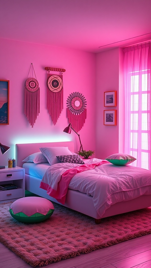 A cozy bedroom with pink neon lighting, featuring a bed, colorful cushions, and artistic wall hangings.