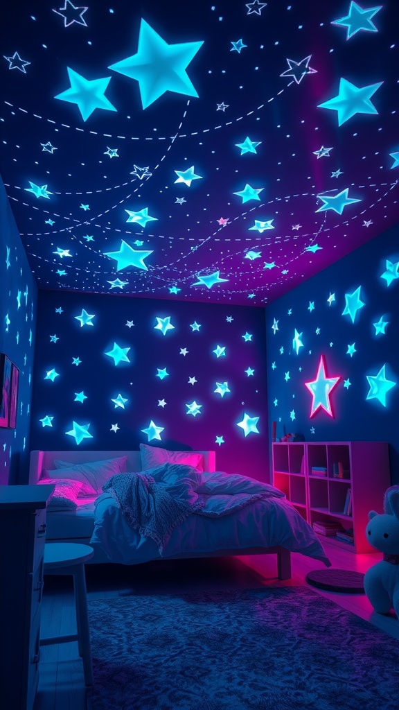 A bedroom with glow-in-the-dark stars on the walls and ceiling in blue and pink colors.