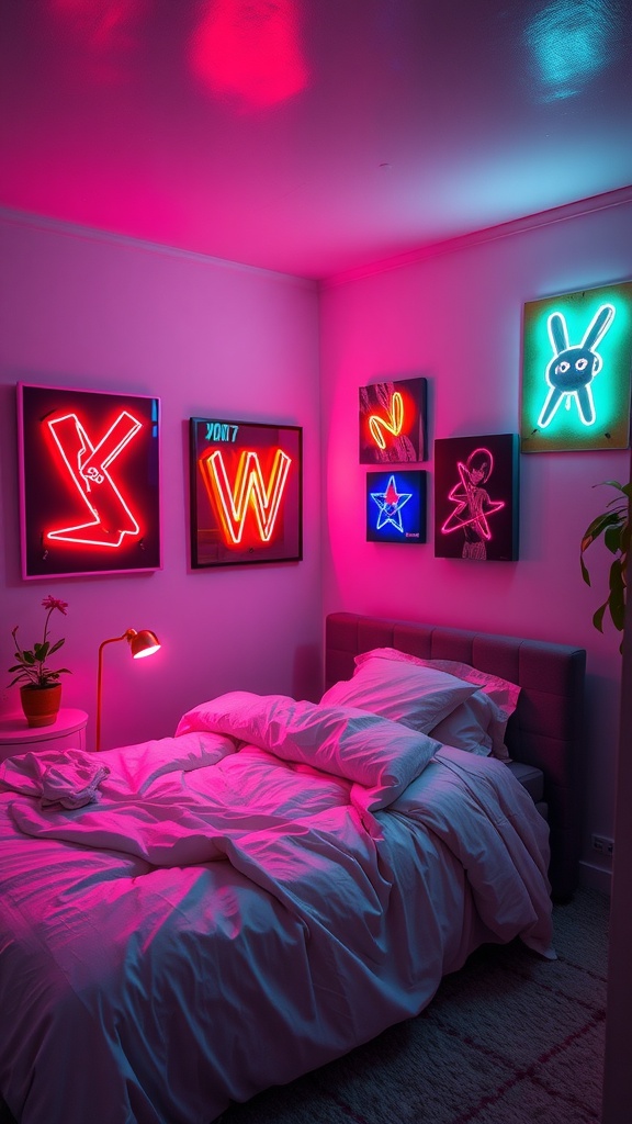 A cozy bedroom with neon artwork on the walls and a neatly made bed.