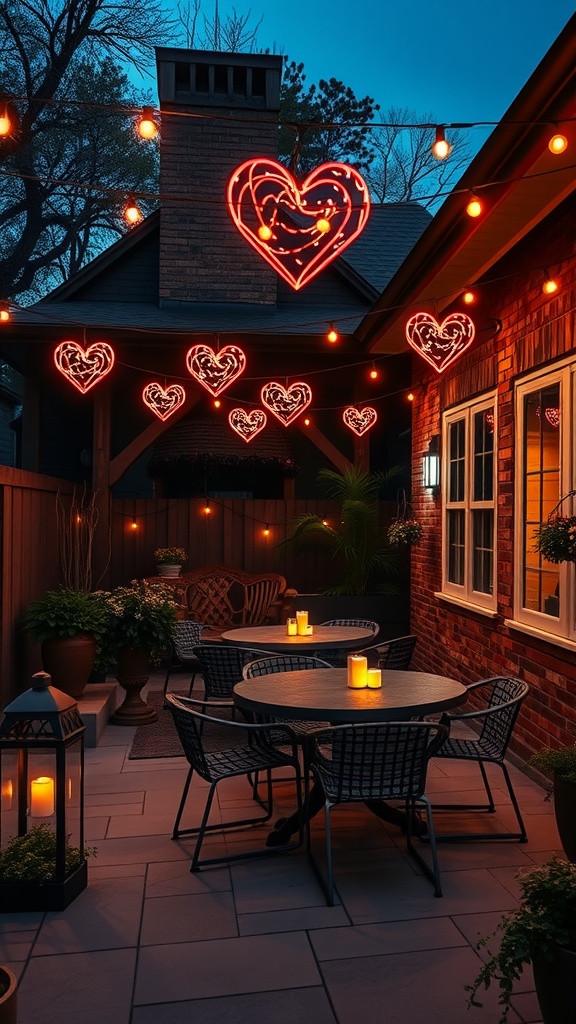 An outdoor space decorated with string lights, featuring heart-shaped designs and a cozy table setting.