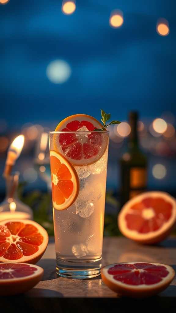 A refreshing Grapefruit Tequila Spritz cocktail with grapefruit slices and greenery, set against a romantic evening backdrop.