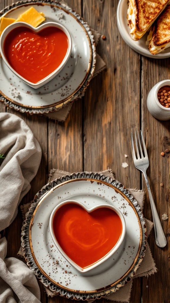 A romantic lunch of grilled cheese sandwiches and tomato soup served in heart-shaped bowls.