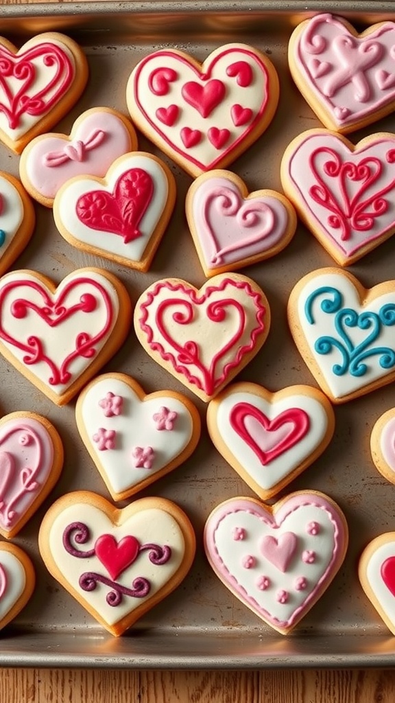 Decorated heart-shaped sugar cookies with royal icing.