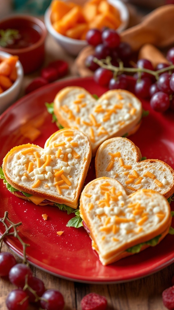 Heart-shaped turkey and cheese sandwiches on a red plate