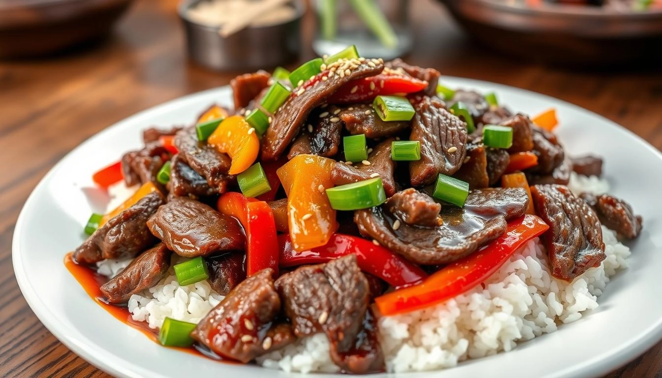 A beautifully plated serving of Mongolian beef with tender slices of marinated beef in a savory sauce, garnished with green onions and sesame seeds, served alongside steaming white rice and colorful stir-fried vegetables on a rustic wooden table, illuminated by soft natural light.