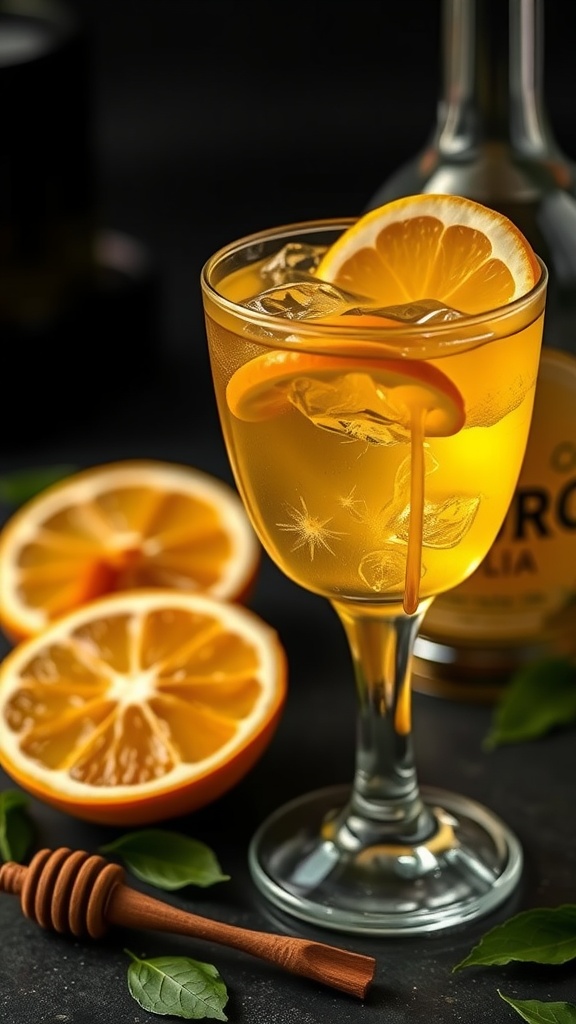 A Honey Citrus Tequila Elixir cocktail in a glass, garnished with citrus slices and a honey dipper, set against a dark background.