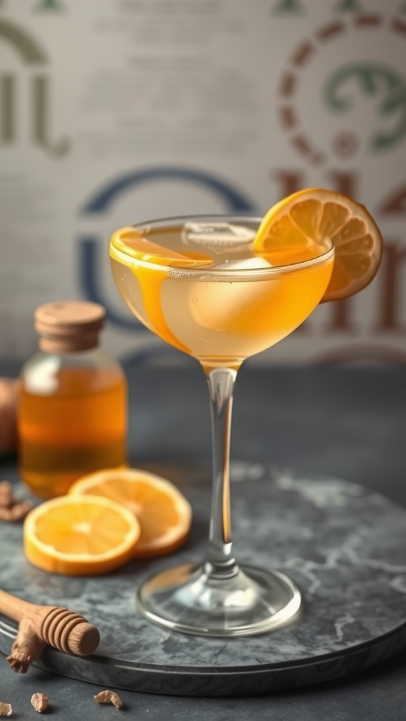 A vibrant Honey Ginger Vodka Delight cocktail garnished with lemon slices and fresh ginger.