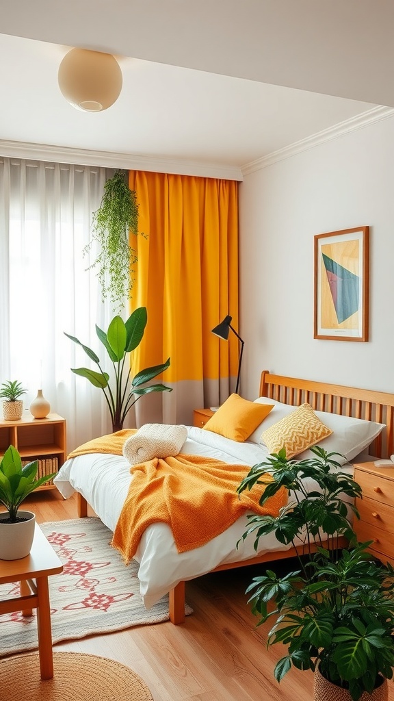 A bright yellow-themed bedroom featuring plants and natural wood elements.