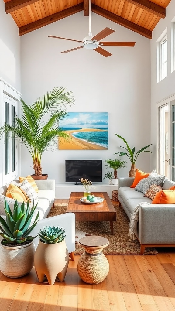 A bright living room with coastal decor featuring indoor plants and colorful cushions.